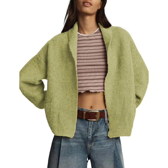 Cropped Open Front Sweater Womens Knitwear Small Casual Pockets Green - Picture 2 of 5